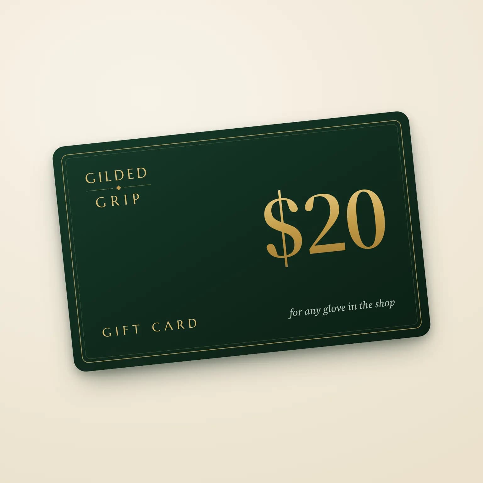 Gilded Grip $20 gift card in bottle green with gold lettering