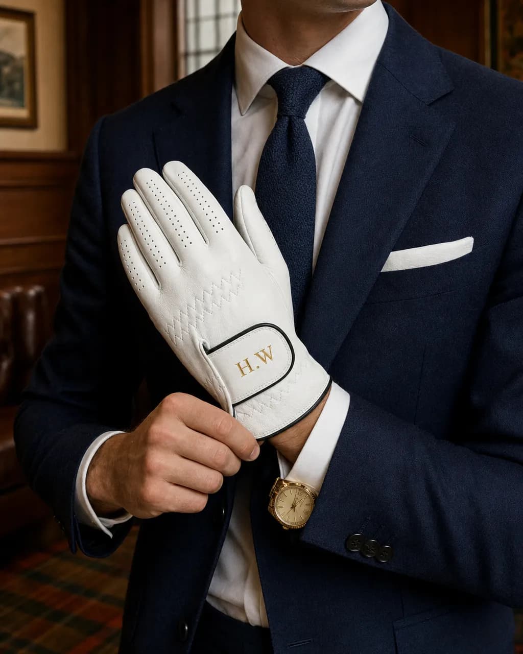 A gentleman in a navy suit adjusting his initialed glove