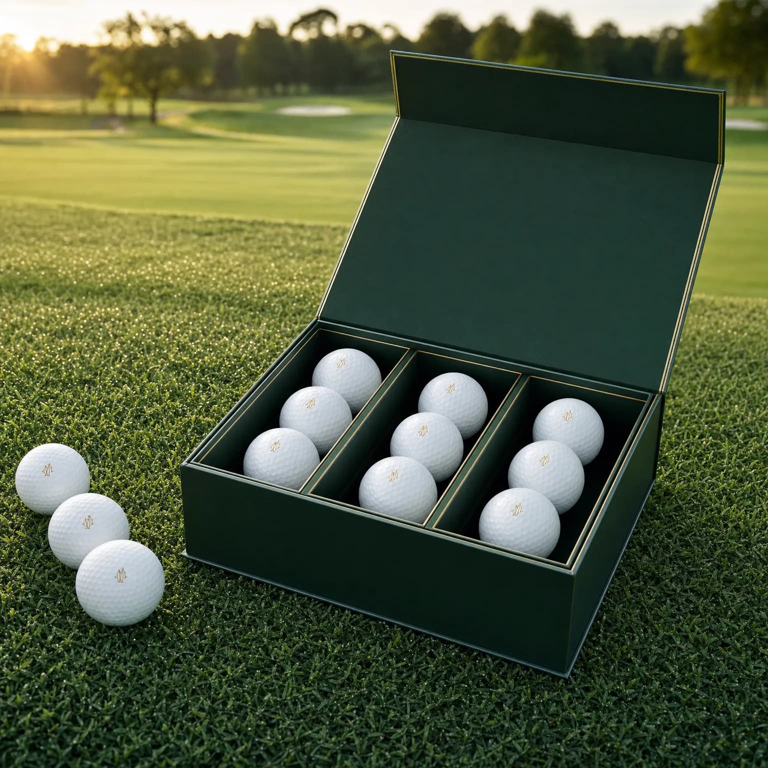 Bottle-green gift box of twelve tour golf balls on the fairway