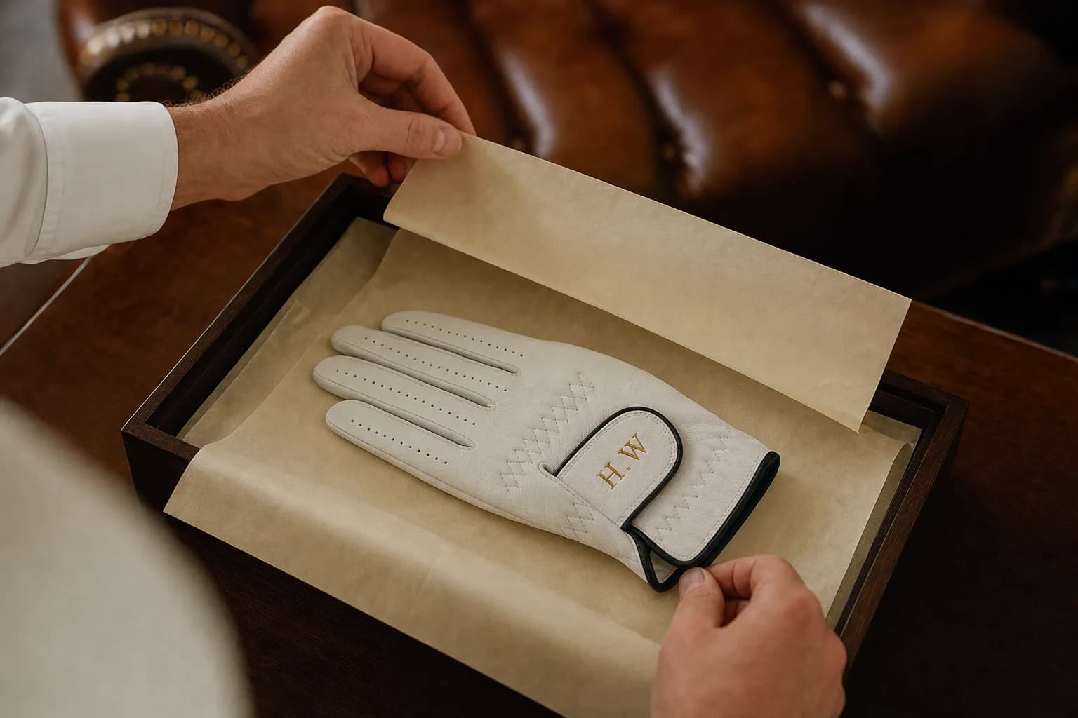 A personalized white glove lifted from cream tissue inside its presentation box