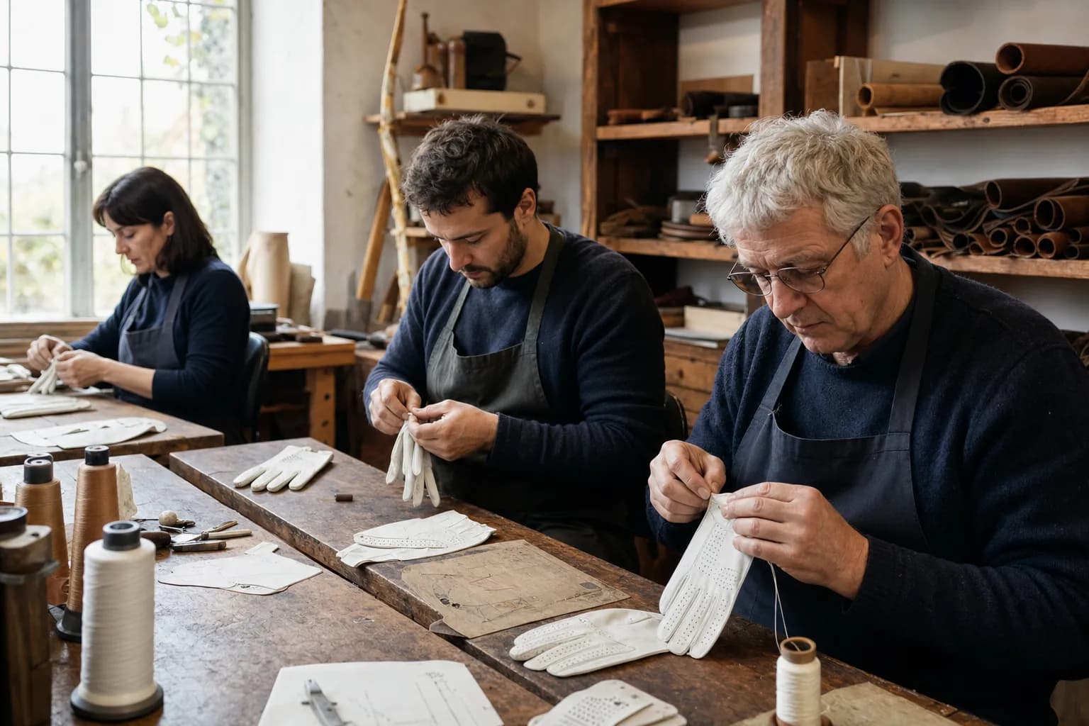 Craftspeople finishing white golf gloves by hand at long workshop tables